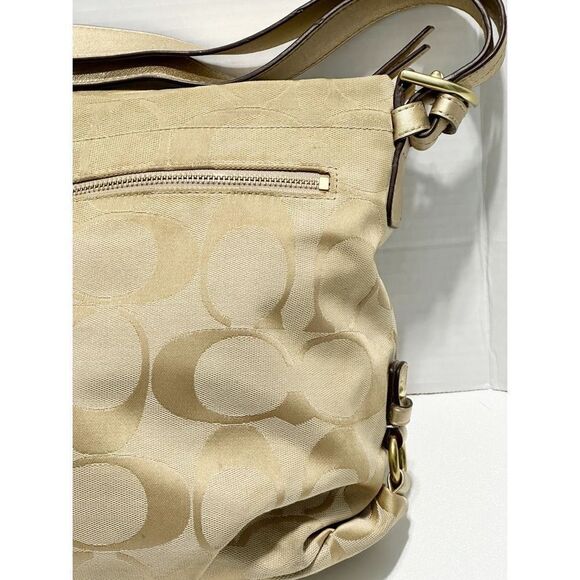 Coach Beige Signature Canvas C Print Canvas Leather Trim Hobo Shoulder Bag Gold - Picture 5 of 12